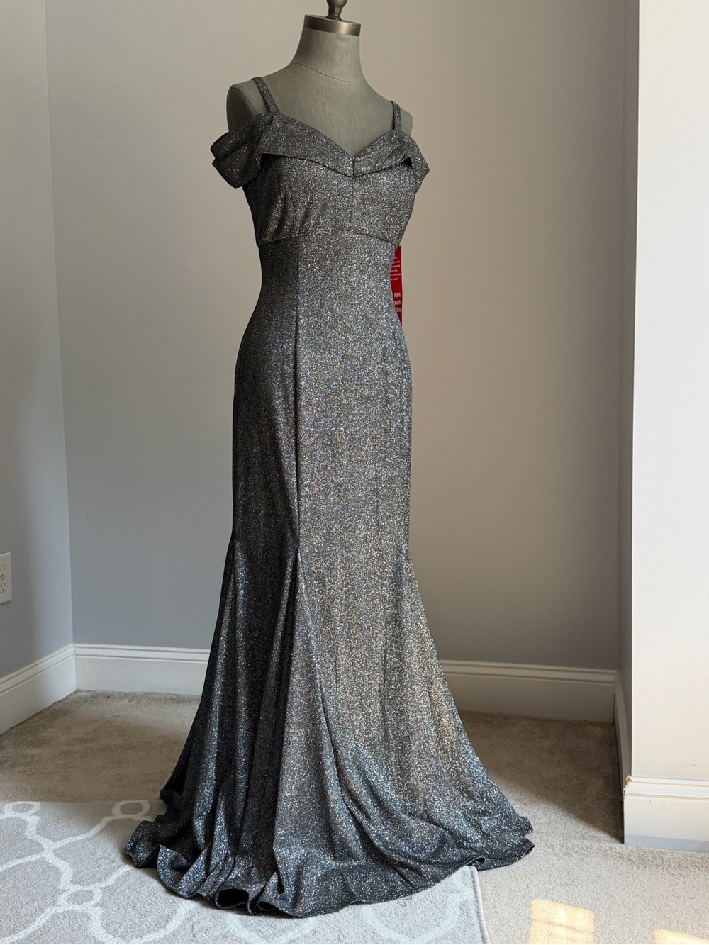 R&M Richards Sparkling Off-Shoulder Mermaid Gown in Silver Shimmer Size 10